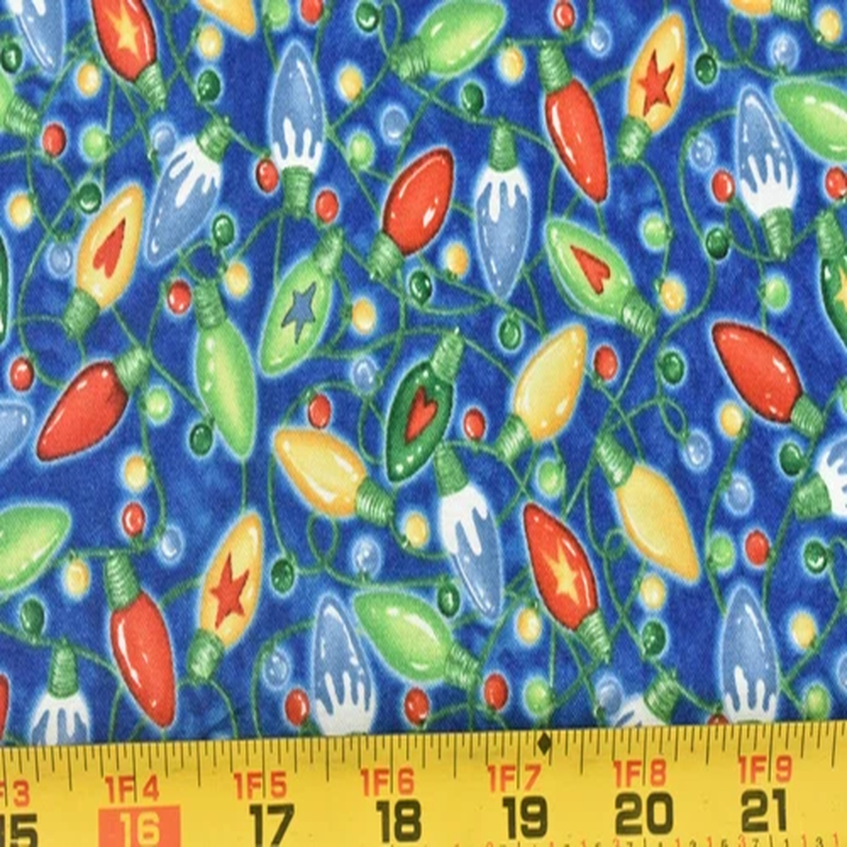 By 1/2 Yd, Colorful Christmas-Tree Lights on Blue Cotton, SSI/Bonijean, P6622
