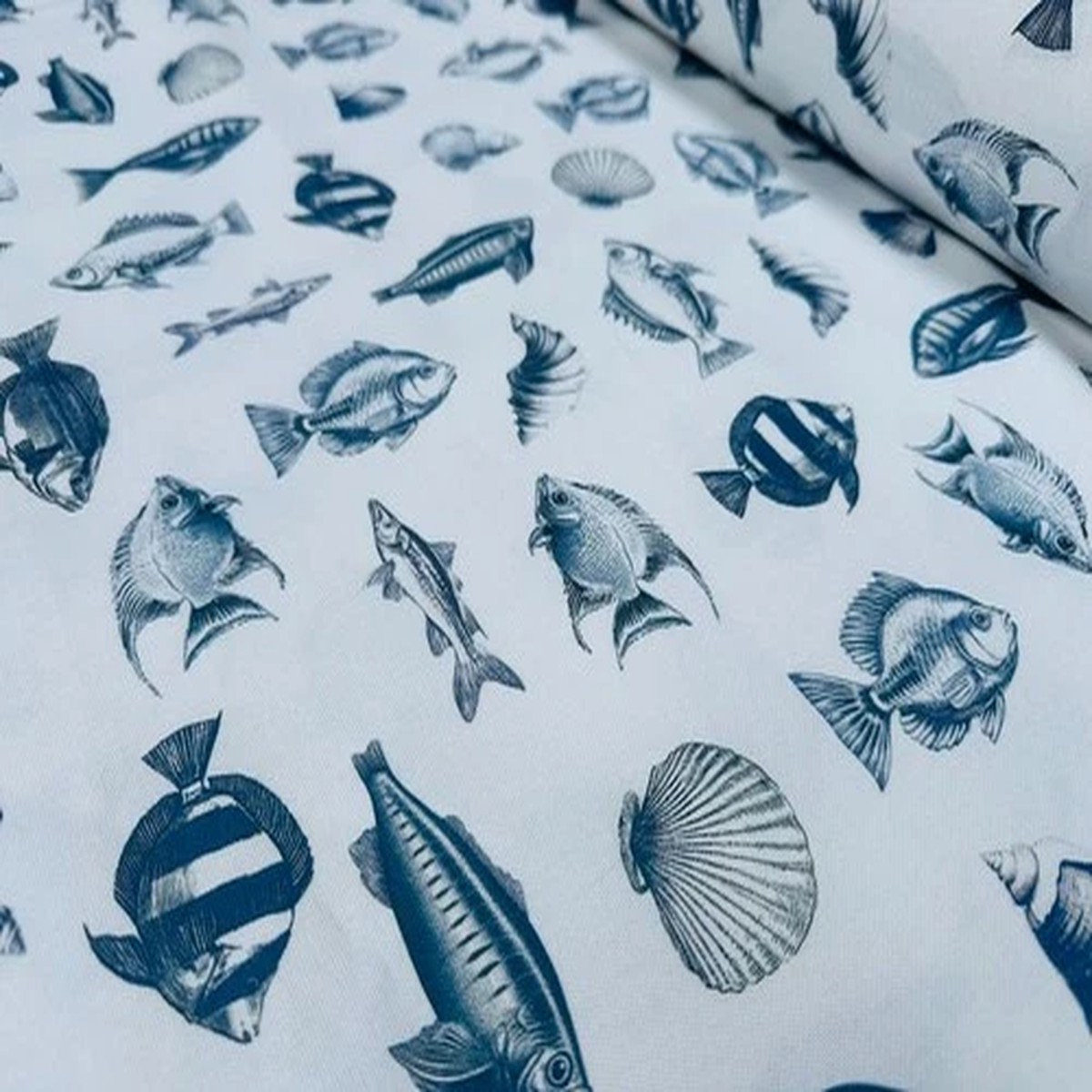 Navy Fish Cotton Fabric Seashell Coastal Print Home Decor Curtain - 140cm Wide