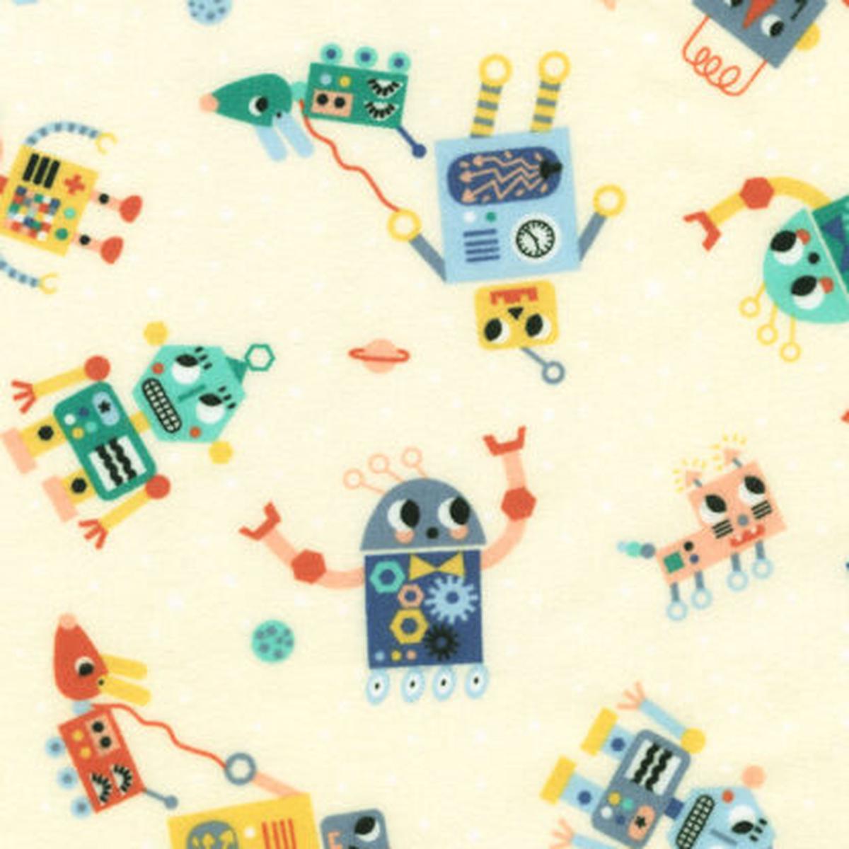 100% Cotton Flannel  Astrobots  23026-014  Natural  Robert Kaufman