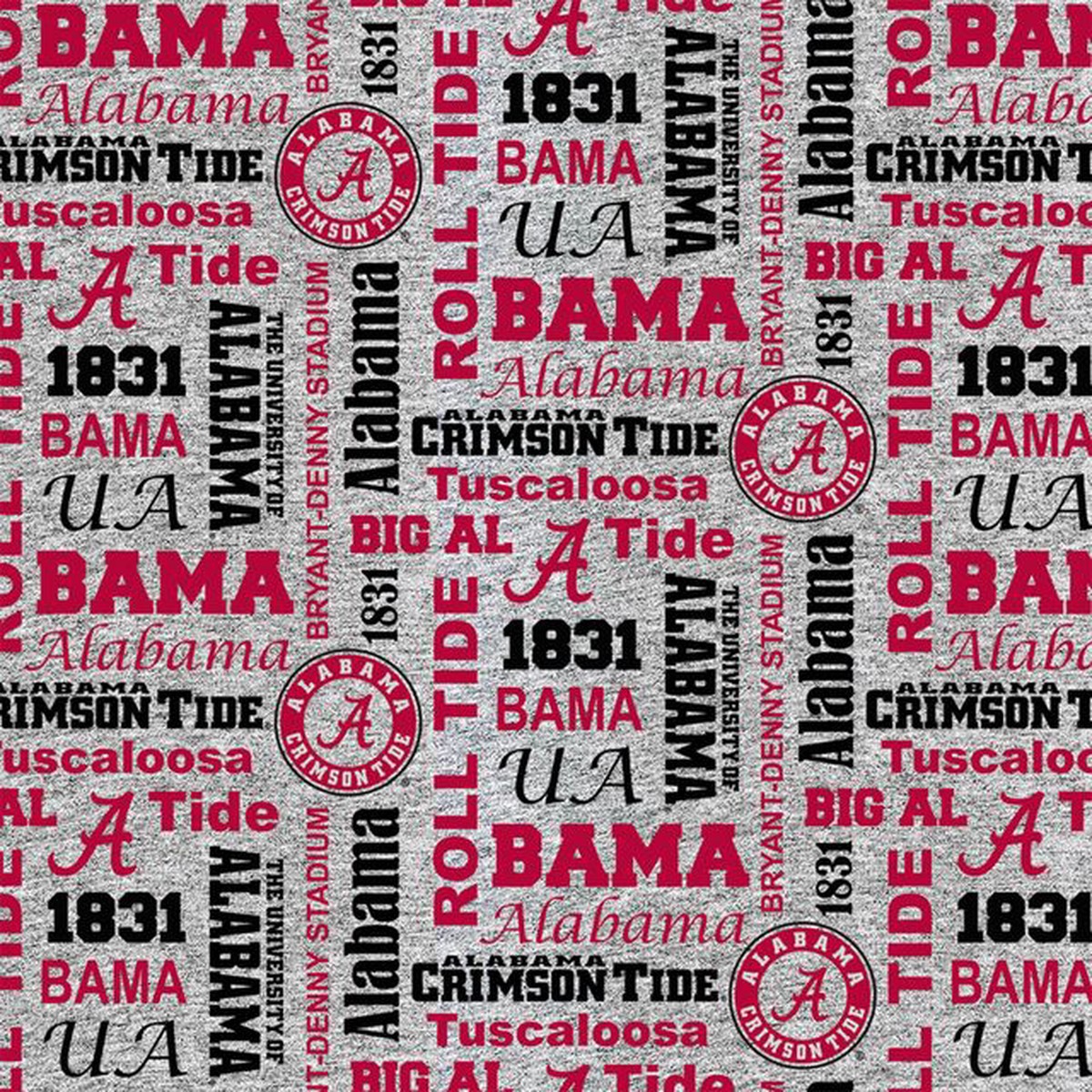 Alabama Crimson Tide NCAA College Bama Heather Verbiage Wording FLEECE Sykel Fabric AL-1162