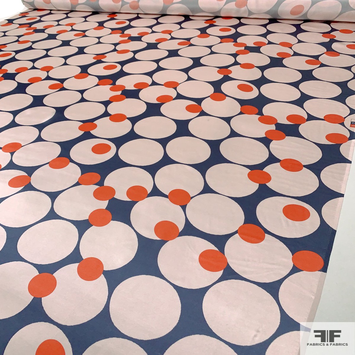 Circle Theme Printed Silk Charmeuse - Lightest Blush / Blue-Grey / Orange