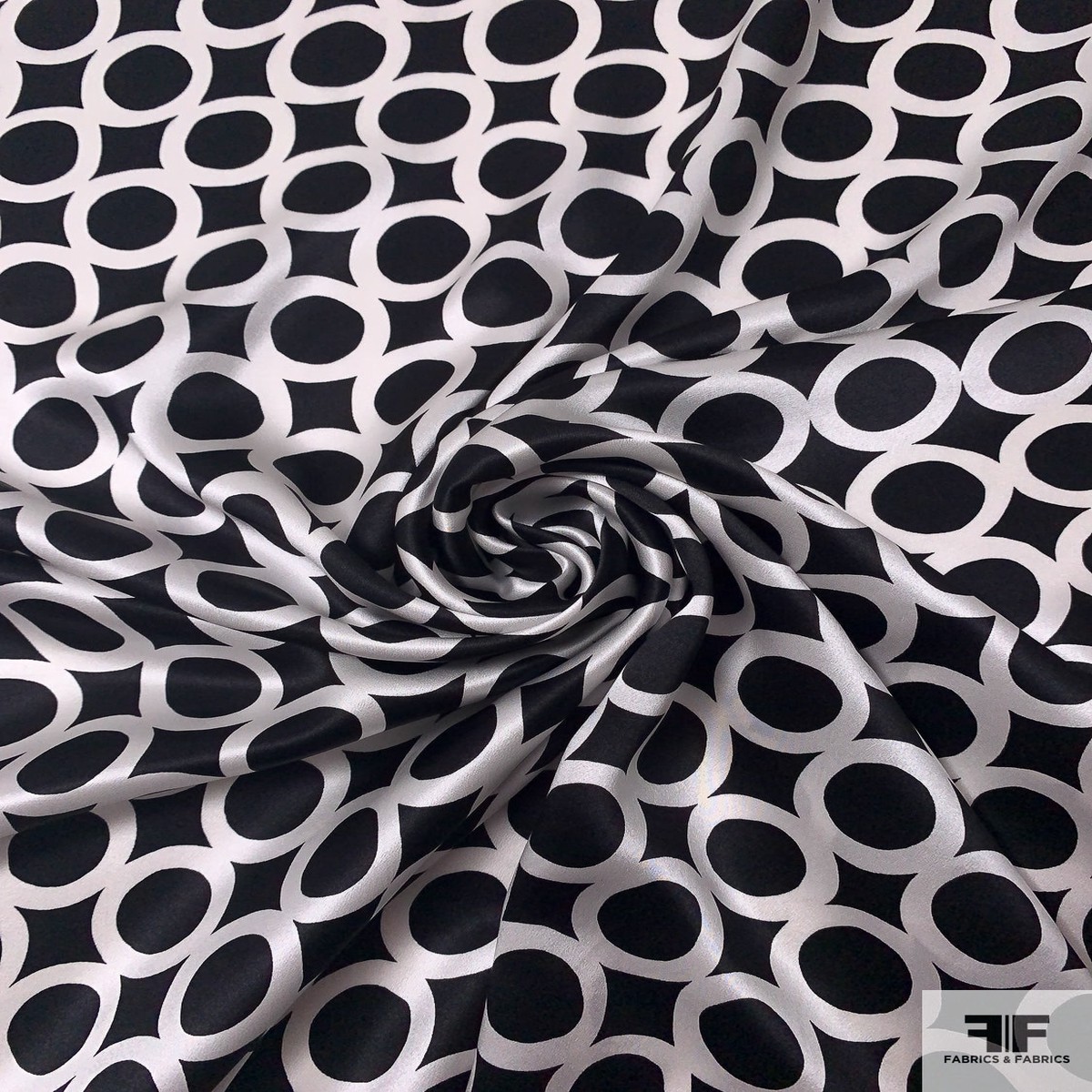 Circles Grid Printed Silk Charmeuse - Black / Off-White
