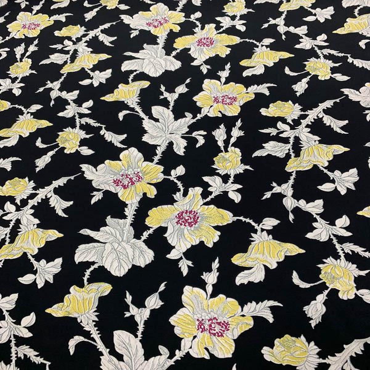 Floral Vine Matte Printed Silk Charmeuse - Black / Off-White / Yellow