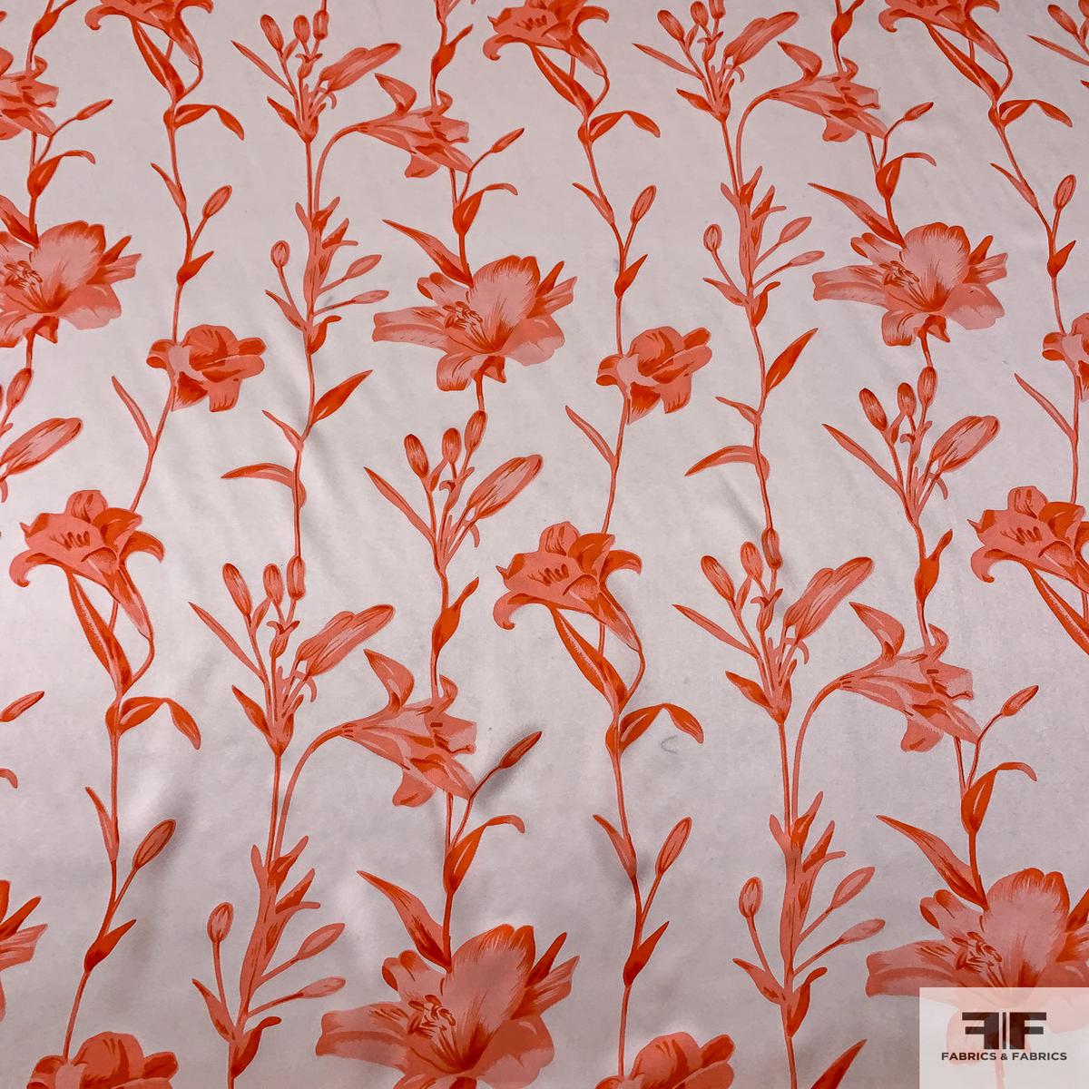 Floral Vines Printed Silk Charmeuse - Flourescent Orange-Coral / Off-White