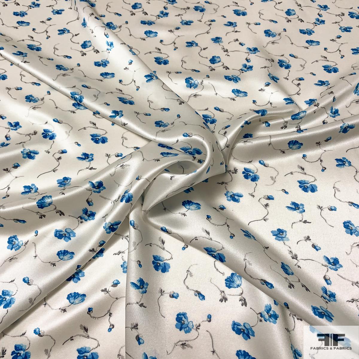 Gentle Floral Printed Silk Charmeuse - Blue / White / Grey