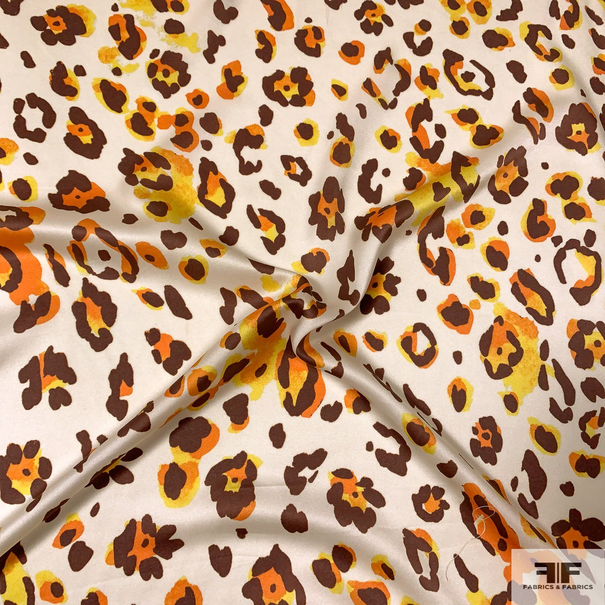 Italian Cheetah Printed Stretch Silk Charmeuse - Orange / Yellow / Brown / White