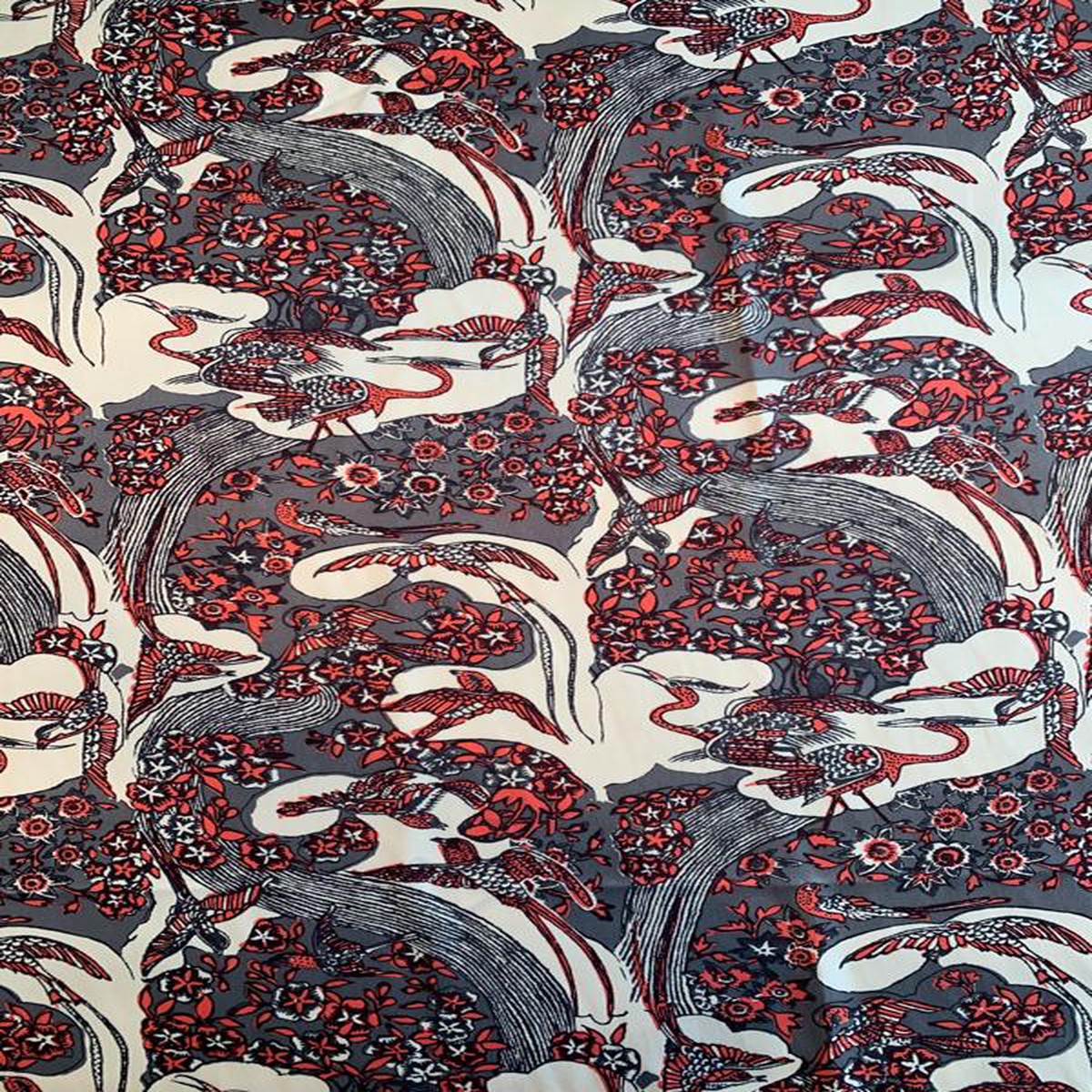 Italian Vintage Zac Posen Birds and Flowers Printed Heavy Silk Charmeuse - Grey / Coral / Black / Ivory