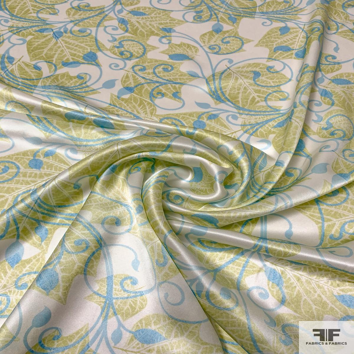 Regal Vines and Leaf Printed Silk Charmeuse - Lime Green / Sky Blue / Off-White