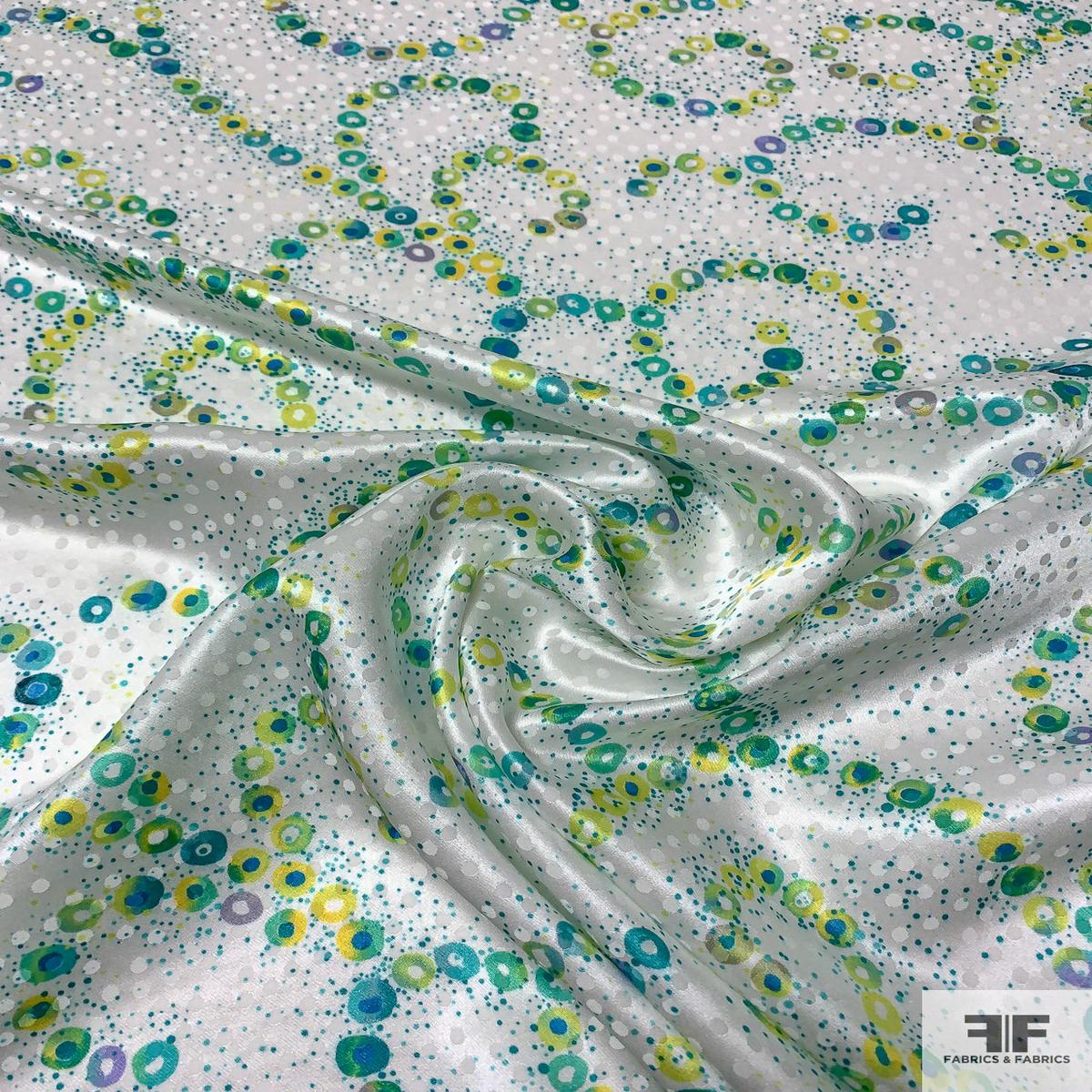Circles in Swirl Printed Jacquard Silk Charmeuse - Teal / Greens / Yellow / Off-White