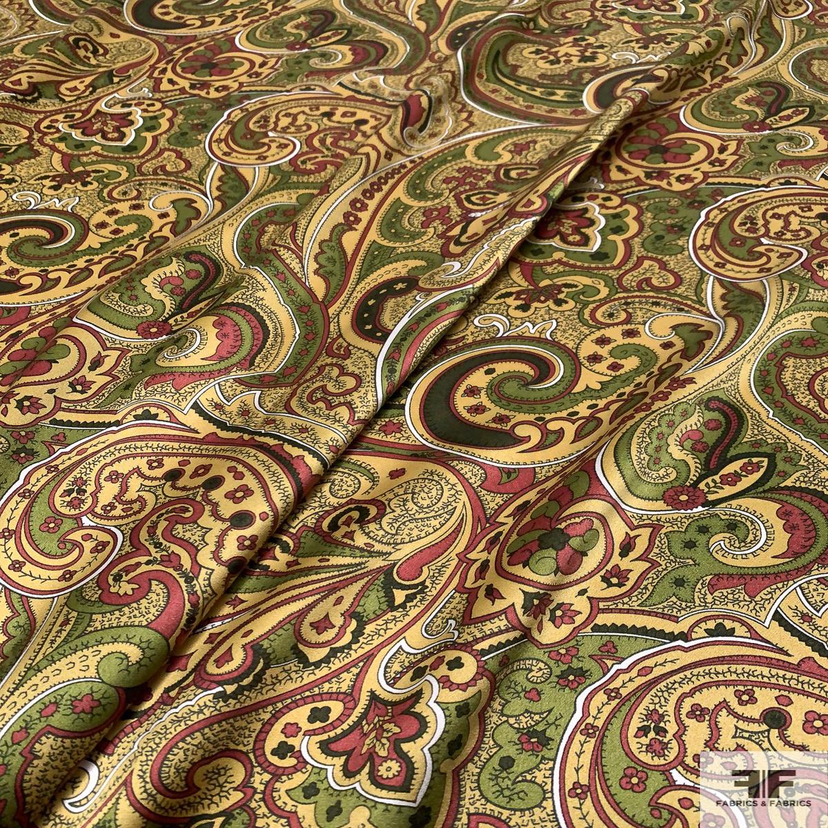 Classic Paisley Printed Silk Charmeuse - Olive Green / Red / Medallion Tan