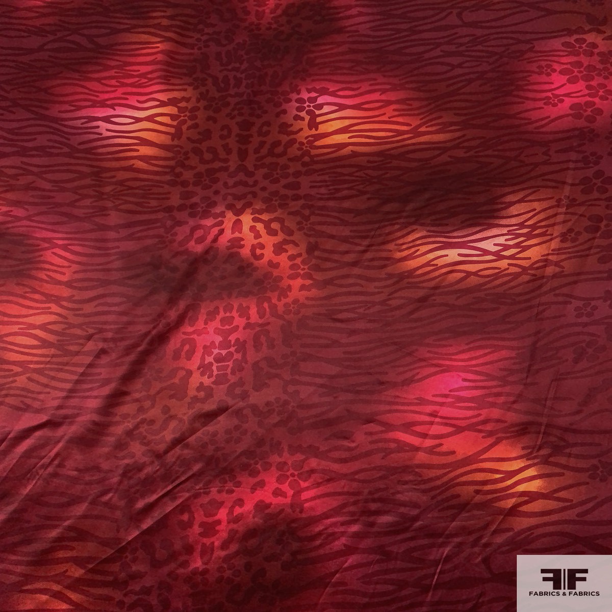 Cloudy Animal Pattern Printed Silk Charmeuse - Dark Red / Orange / Magenta