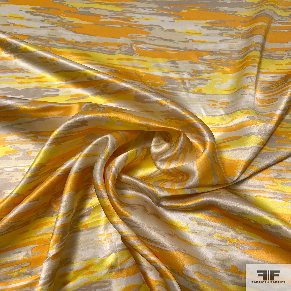 Cloudy Striations Printed Silk Charmeuse - Marigold / Yellow / Beige / Tan