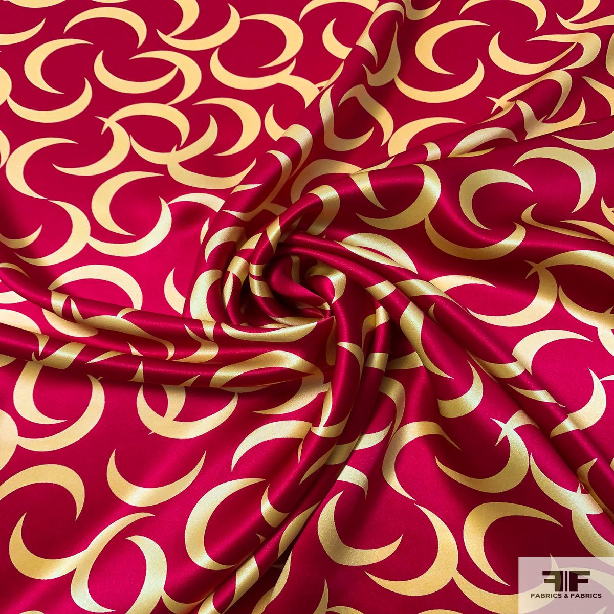 Crescent Silhouettes Printed Silk Charmeuse - Cranberry / Yellow