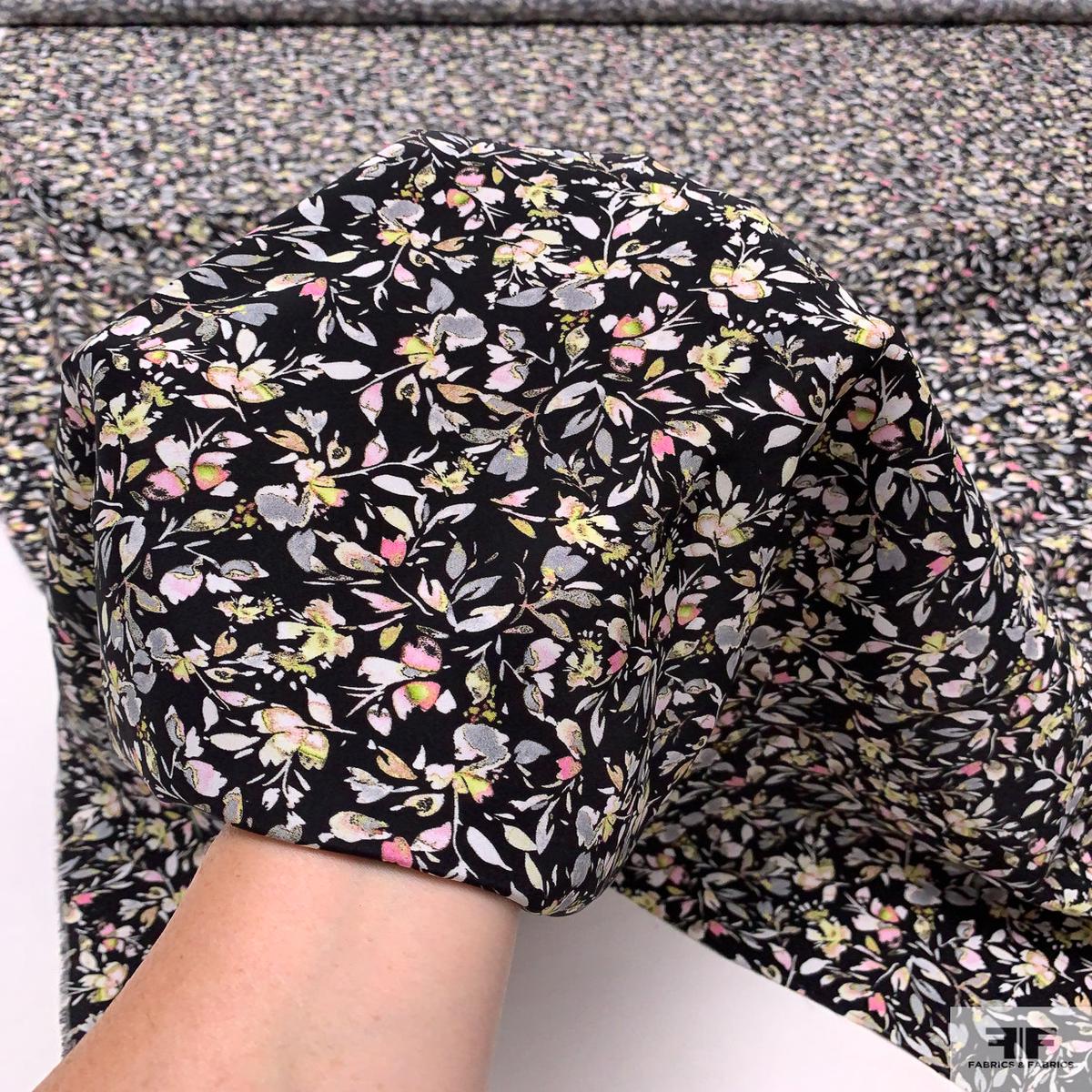 Dainty Leaf and Floral Matte-Side Printed Silk Charmeuse - Black / Pink / Grey / Pale Lime