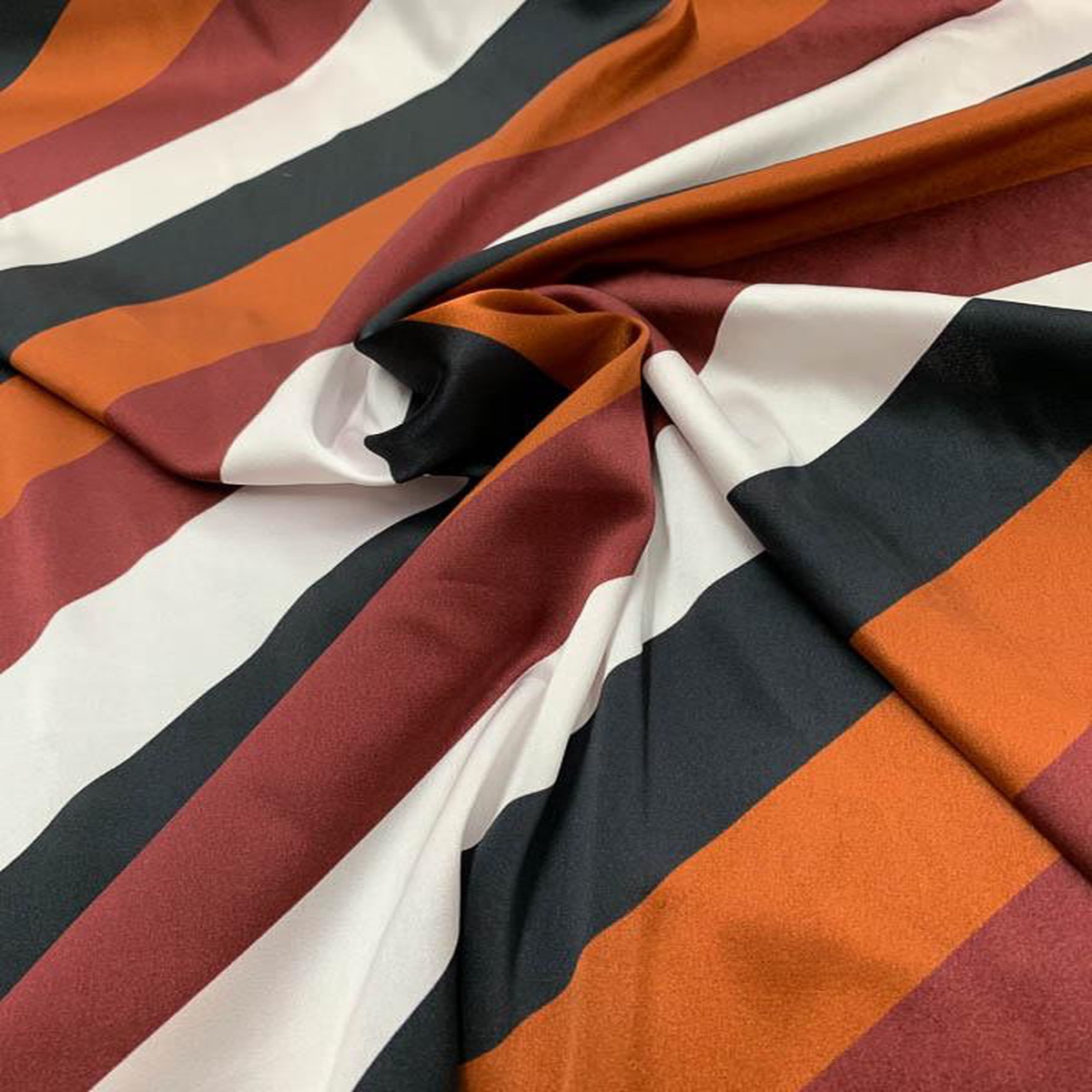 Diagonal Striped Stretch Printed Silk Charmeuse - Brown / White / Black