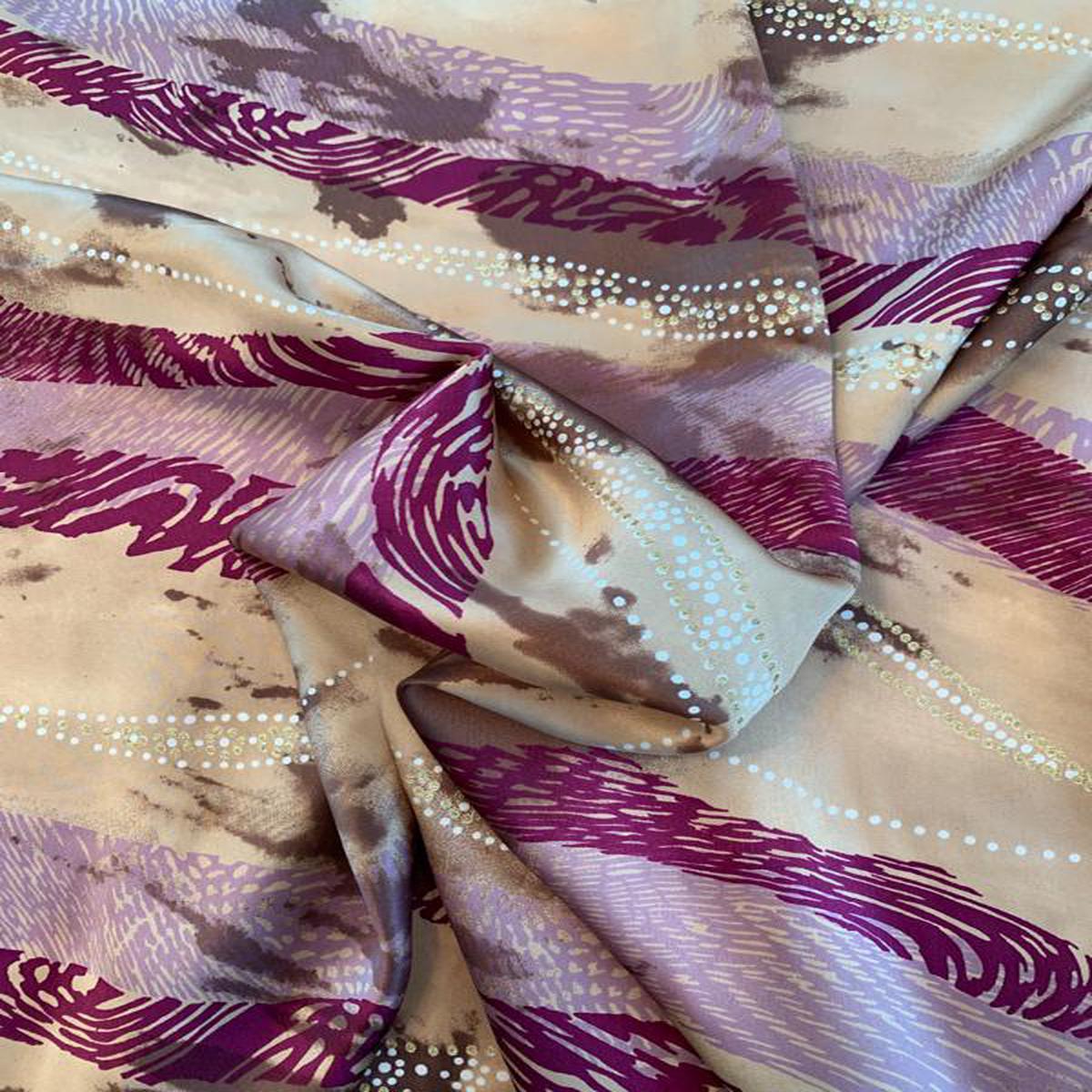 Diagonal Wavy Striations with Gold Foil Dots Printed Silk Charmeuse - Tan / Brown / Mulberry / Mauve