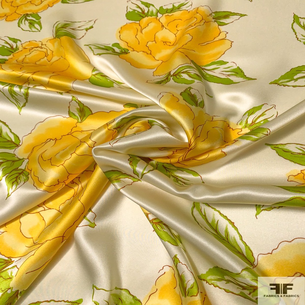 Classic Floral Printed Silk Charmeuse - Yellow / Lime Green / White