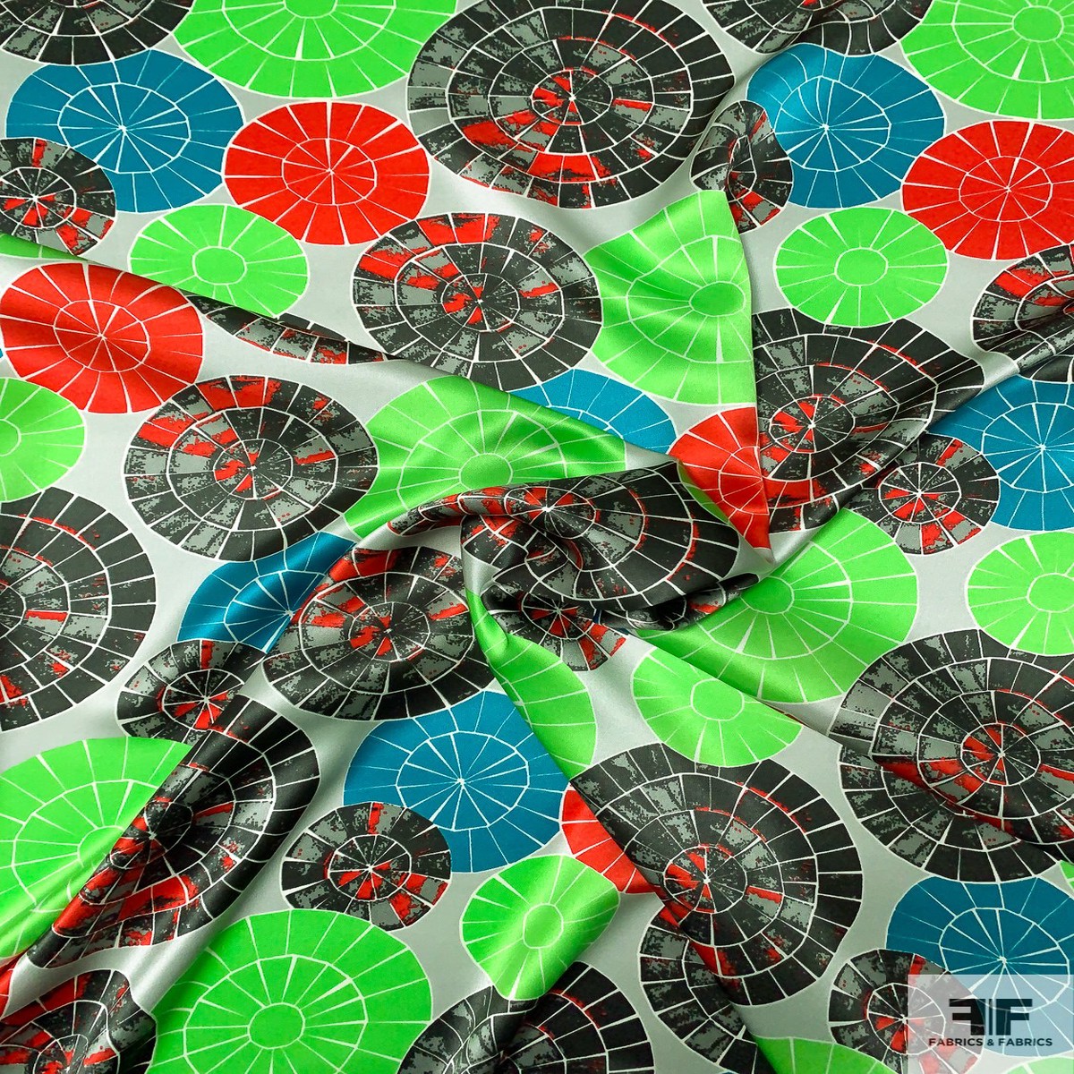 Dart Board Printed Silk Charmeuse - Green / Turquoise / Red / Greys