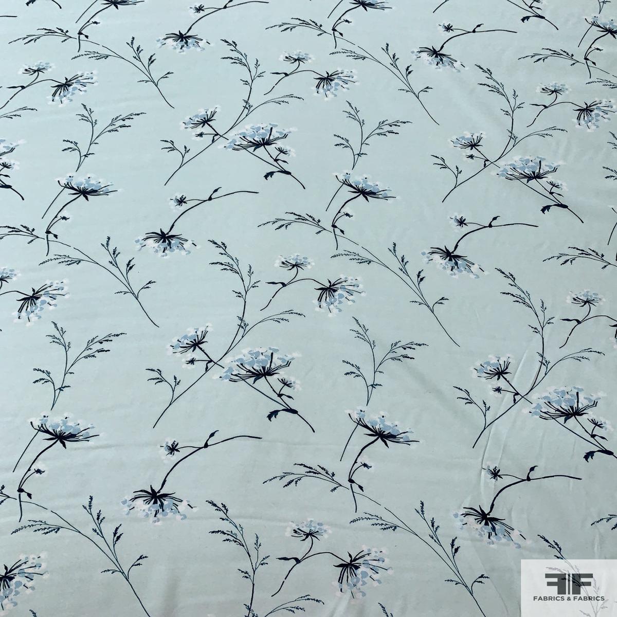 Delicate Floral Matte-Side Printed Silk Charmeuse - Light Aqua / Teal / Off-White