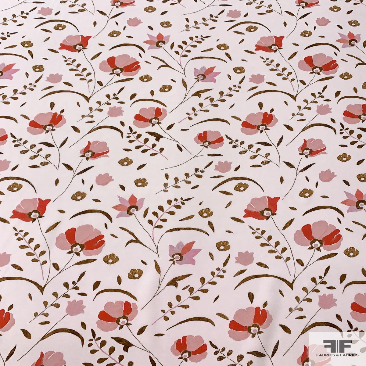 Jovial Leaf Stems and Floral Matte-Side Printed Silk Charmeuse - Off-White / Dusty Pink / Vermilion / Brown