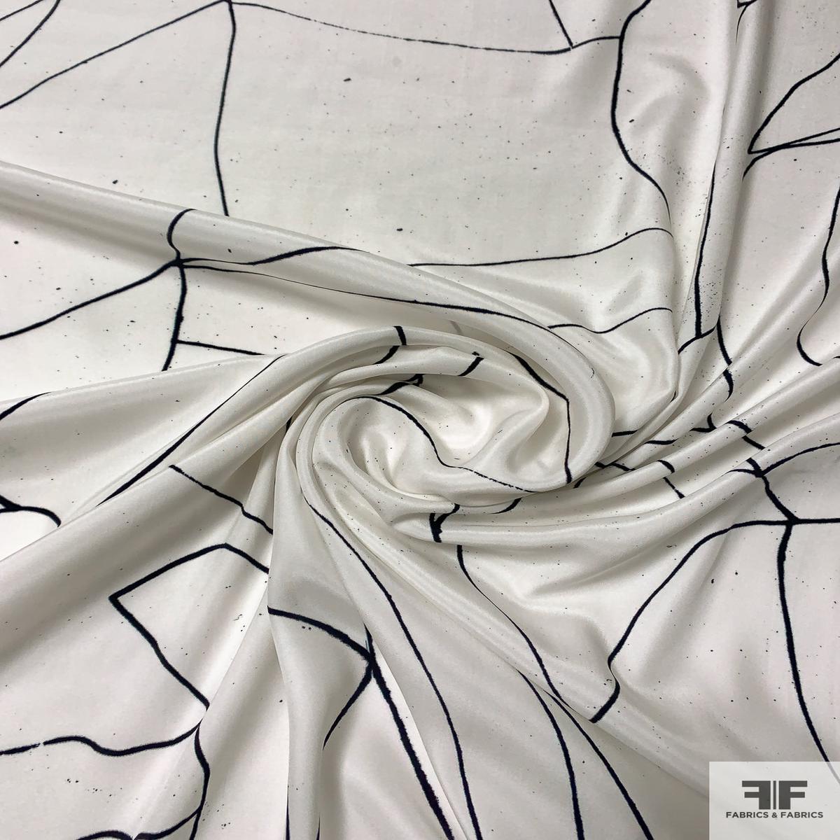 Cracked Lines with Splatter Printed Silk Charmeuse - Off-White / Black