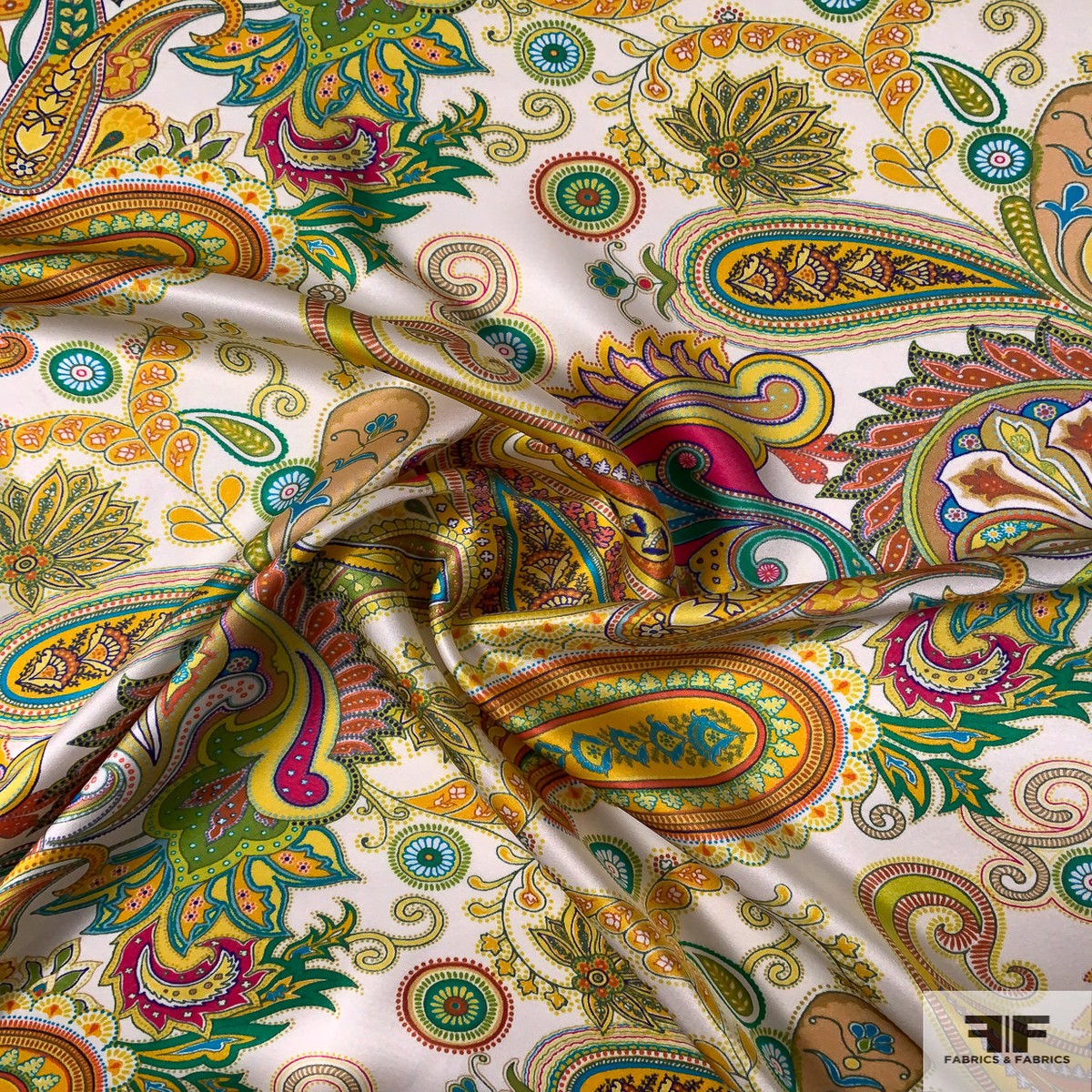 Colorful Paisley Printed Silk Charmeuse - Yellows / Multicolor