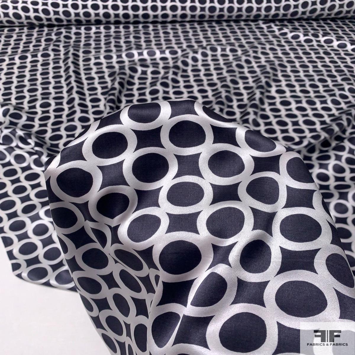 Circles Grid Printed Silk Charmeuse - Slate Dark Grey / White