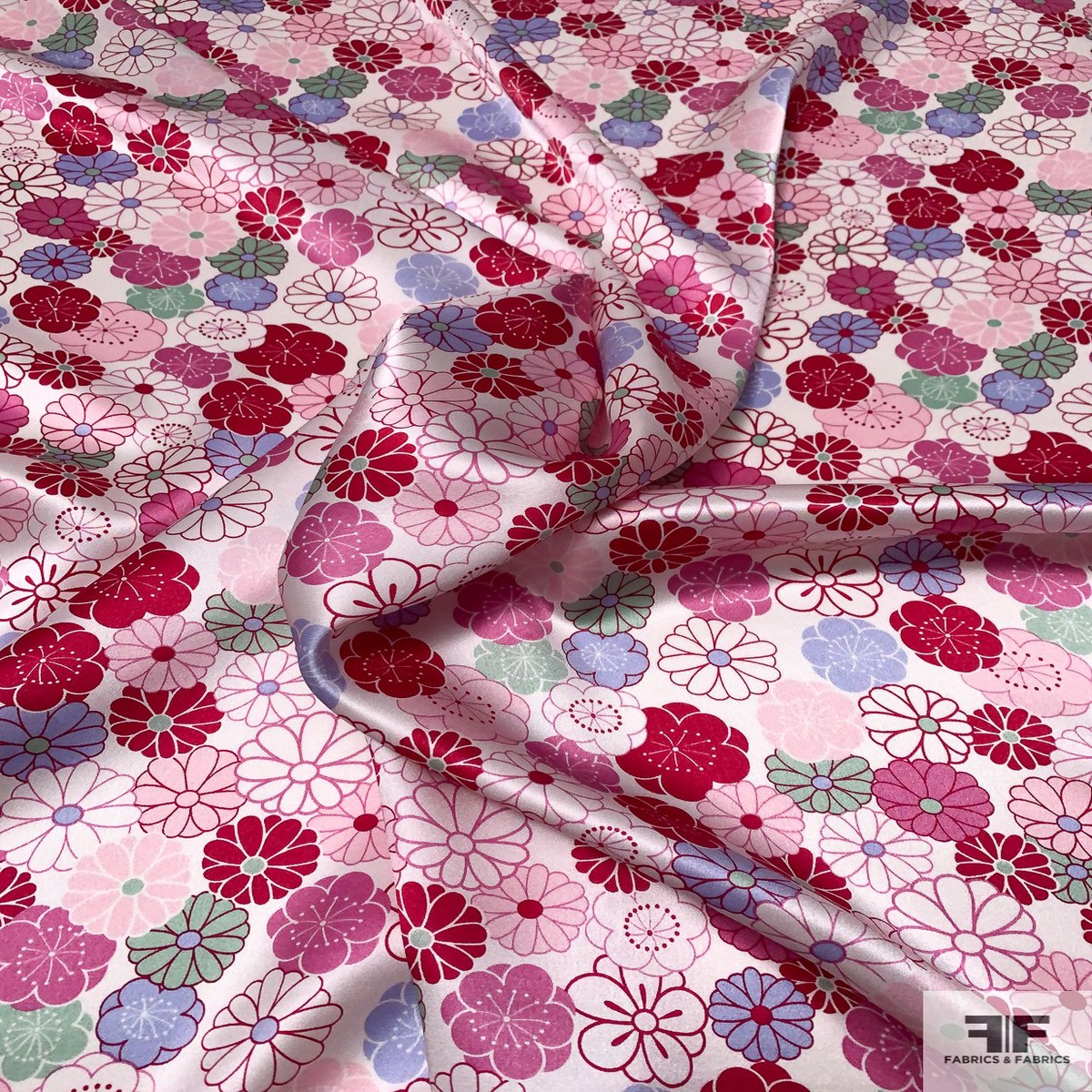 Daisy Graphic Printed Silk Charmeuse - Magenta / Mauve / Pink / Mint