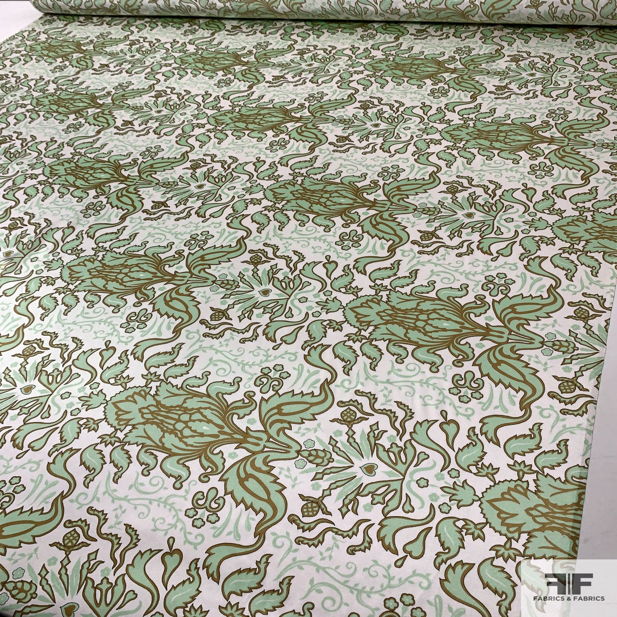 Damask Vase Printed Silk Charmeuse - Seafoam Green / Dark Gold / Off-White