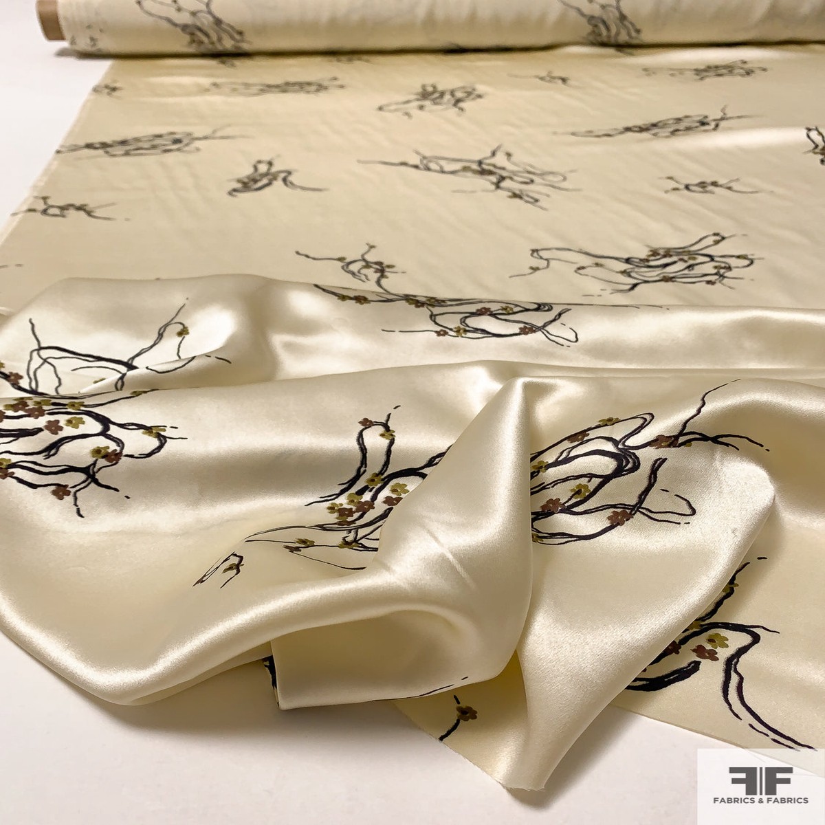 Delicate Floral Tentacles Printed Silk Charmeuse - Cream / Black / Brown / Olive