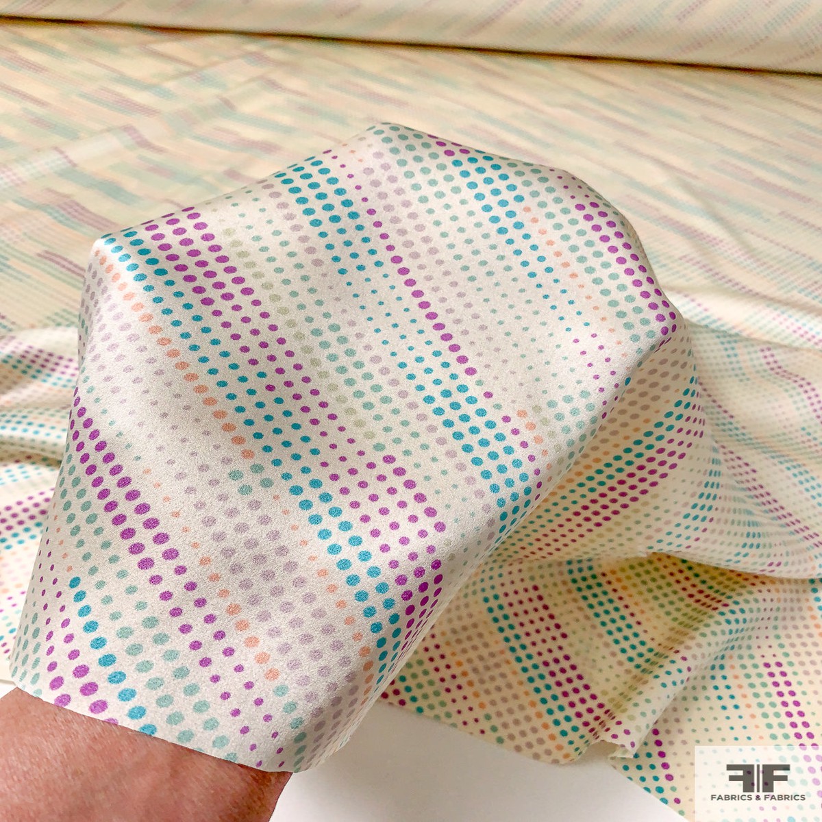 Diagonal Streak Dotted Printed Silk Charmeuse - Turquoise / Purple / Seafoam / Ivory