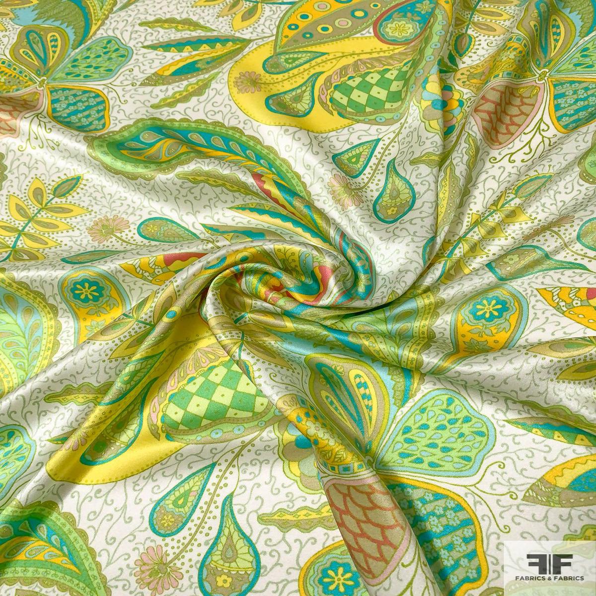 Jovial Paisley Printed Silk Charmeuse - Shades of Green / Yellow / Turquoise
