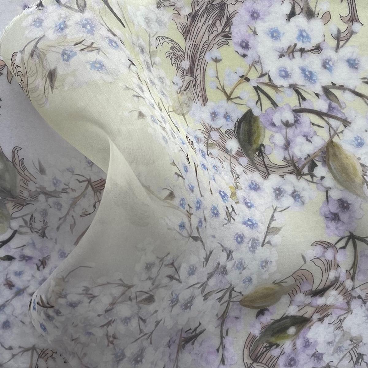 Semi-Sheer White Cherry Blossoms on Lemon Wisp & White Silk Organza (Made in Italy)