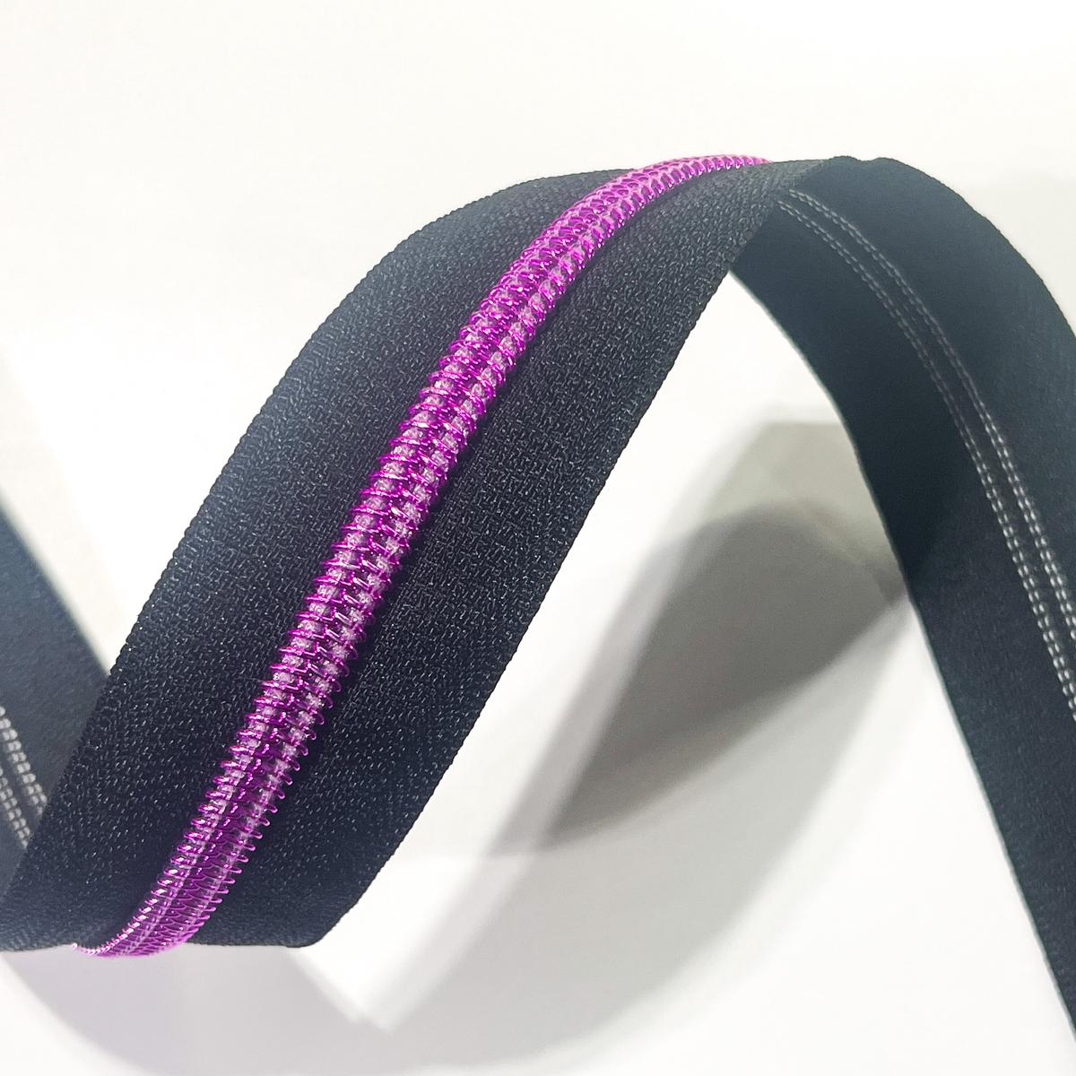 #5 Zipper Tape - 3 yard cut - Black w/ Colored Teeth - Fuchsia