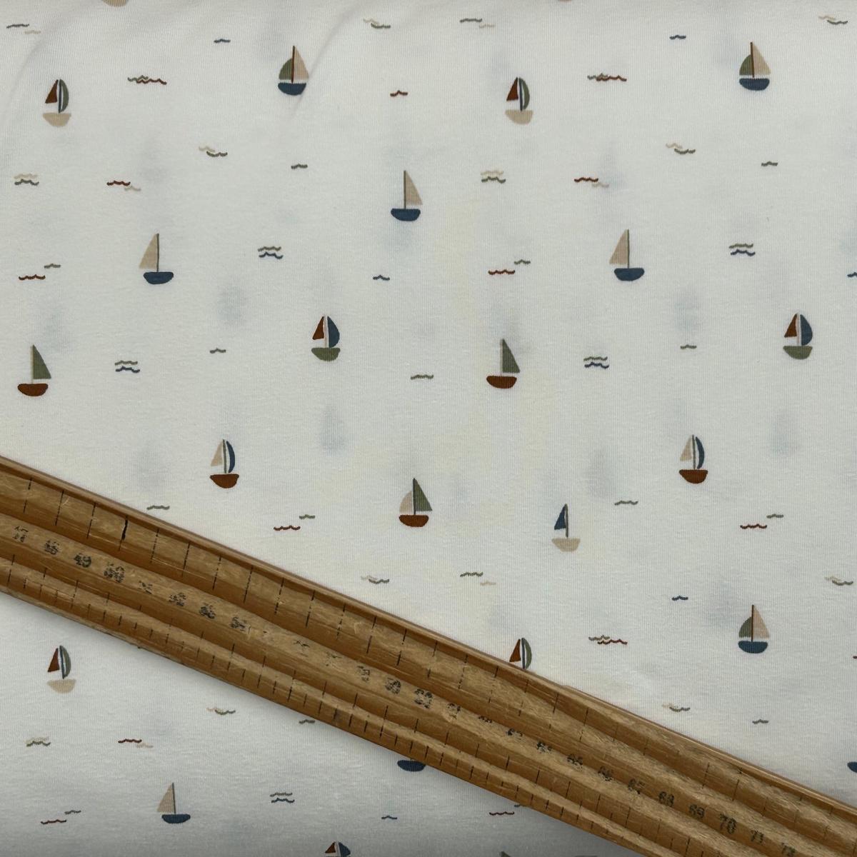 Boats on Cream Cotton Jersey with Elastane T-Shirt Stretch Fabric by 1/2 Metre*