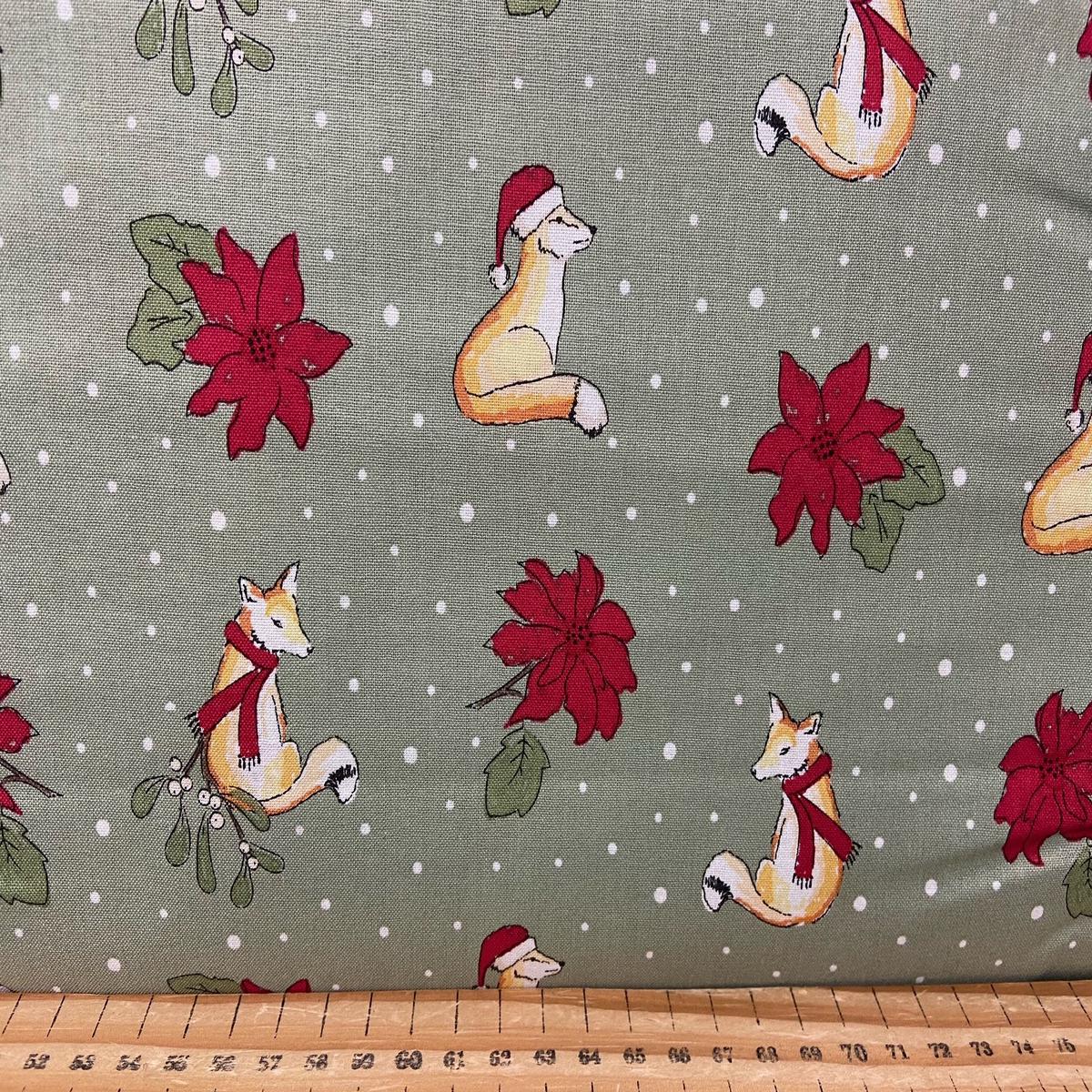 Debbie Shore Christmas Critters Fox & Poinsettia Light Green Cotton Fabric by 1/4 Metre*