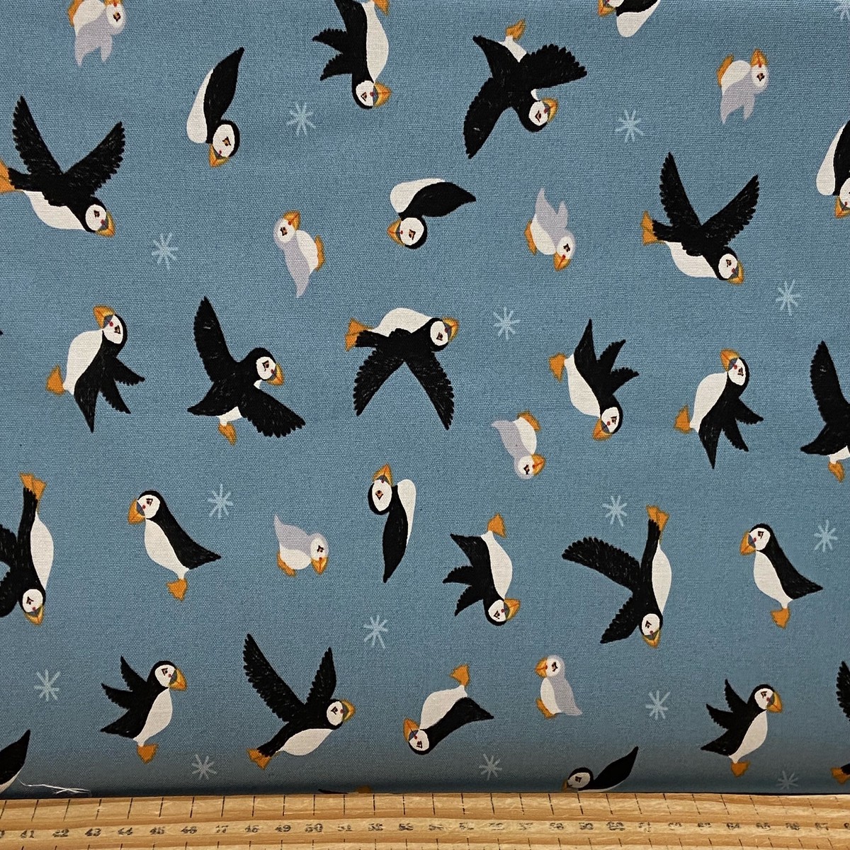 Lewis & Irene Puffin Bay Puffins & Pufflings on Blue Cotton Fabric Remaining Bolt End