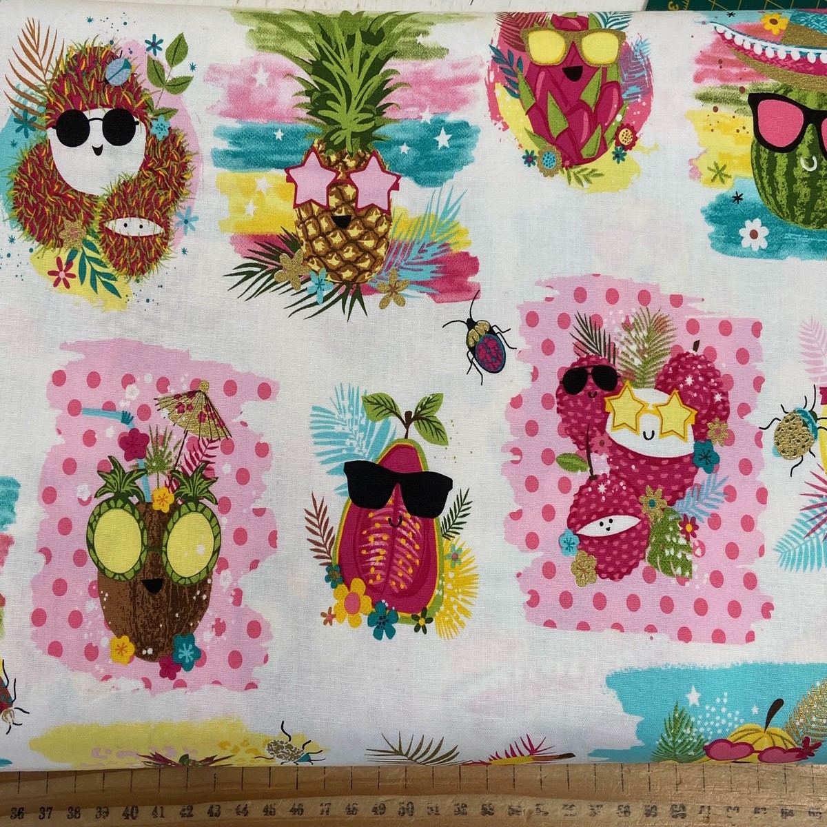 Lisa Perry 3 Wishes Sunshine Daze Fruit Cocktail Blocks White with Gold Metallic Cotton Fabric by 1/4 Metre*