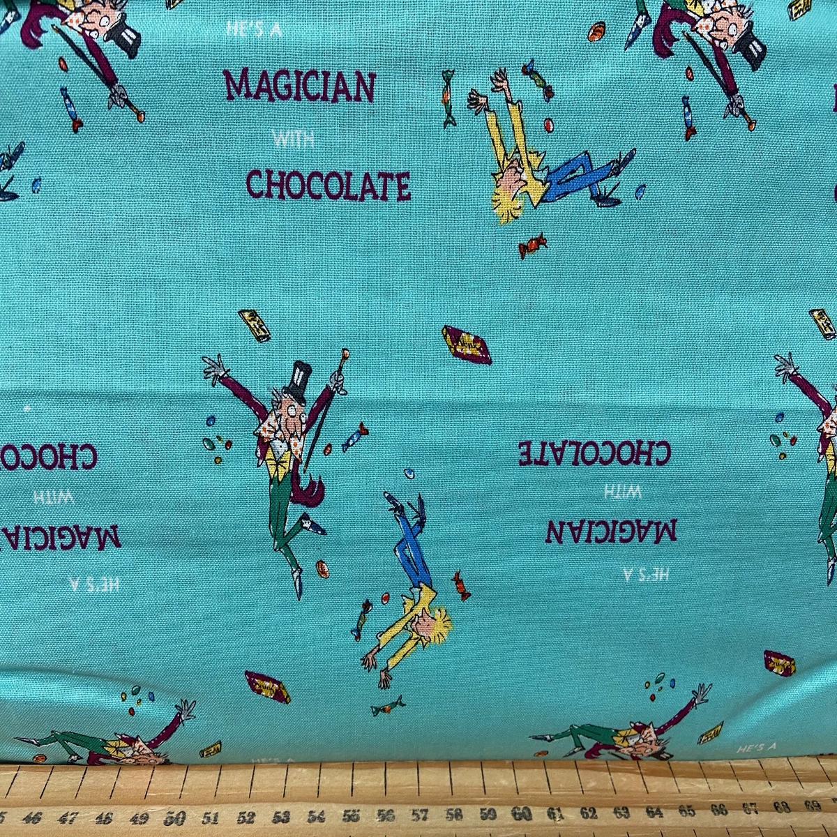 Roald Dahl's Charlie & the Chocolate Factory Willy Wonka & Charlie Turquoise Cotton Fabric by 1/4 Metre*