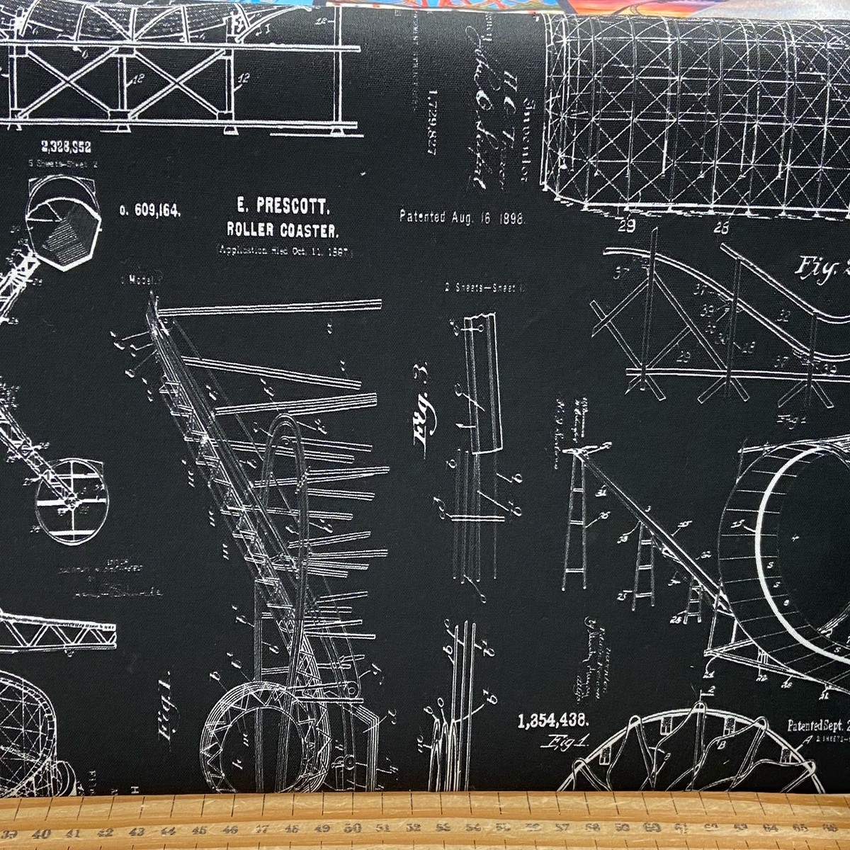 Josh Rey for 3 Wishes Amazement Park Rollercoaster Blueprint Black Cotton Fabric by 1/4 Metre*